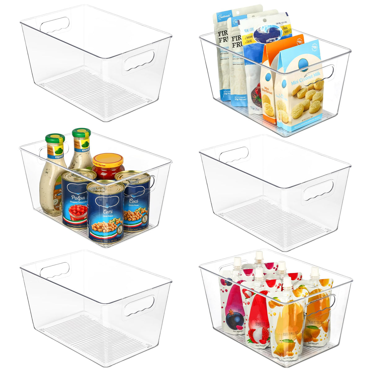 Vtopmart 6 Pack Clear Storage Bins, Pantry Storage Bins with Handle, Small