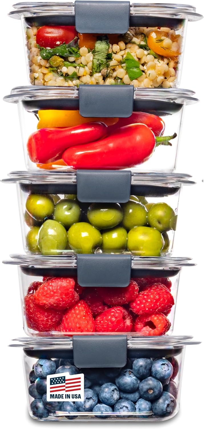 Rubbermaid Brilliance BPA-Free Food Storage Containers Multi Pack, 1.3 Cup Plastic Containers with Lids, 5 Pack, Leak Proof, Microwave & Dishwasher Safe