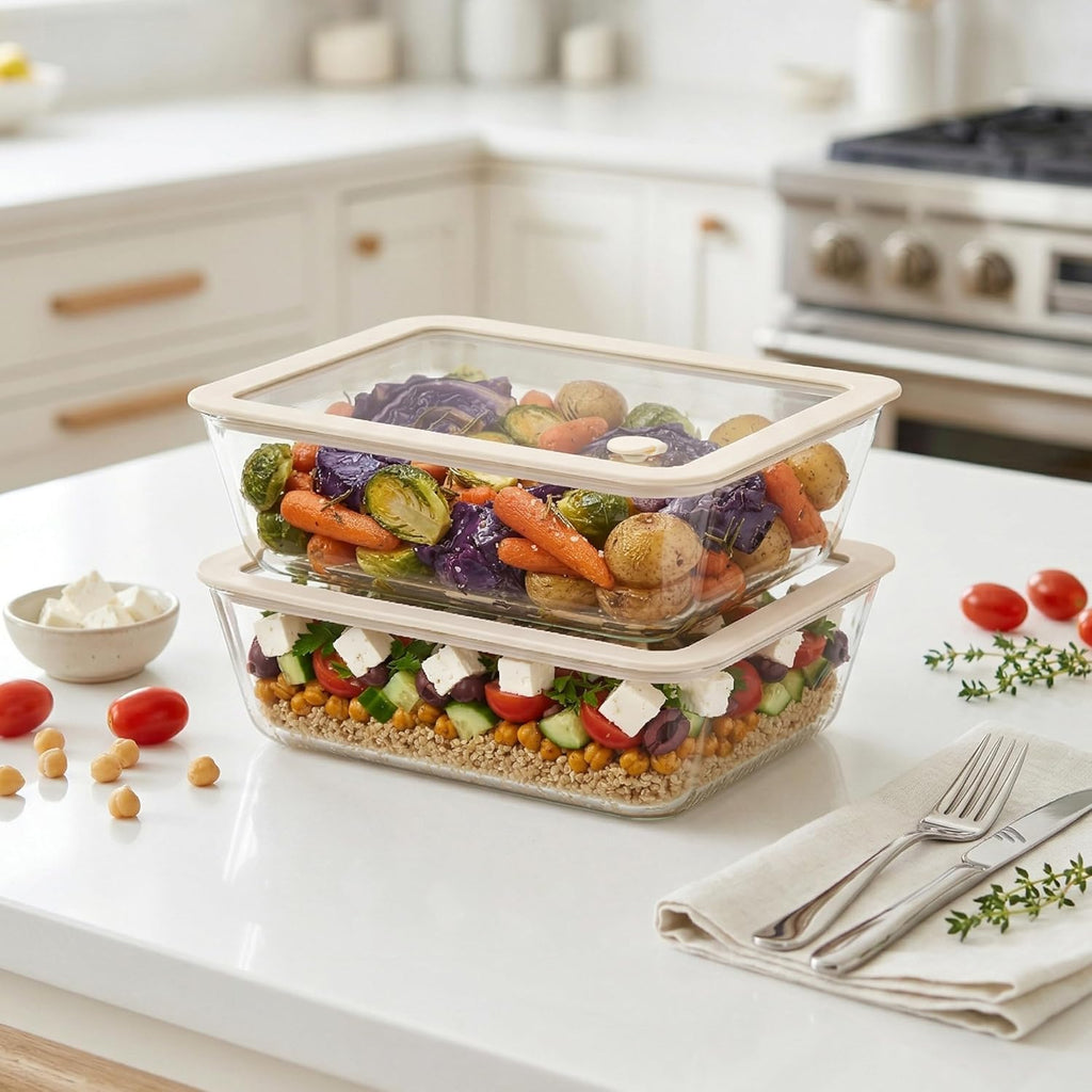 Urban Green Glass Food Container Set with Glass Lid, Large Meal Prep Container Set, Airtight Food Storage Containers with Air Vent Lid, 2 Pack, Large, 87oz, LeakProof, 100% Plastic Free, White color,