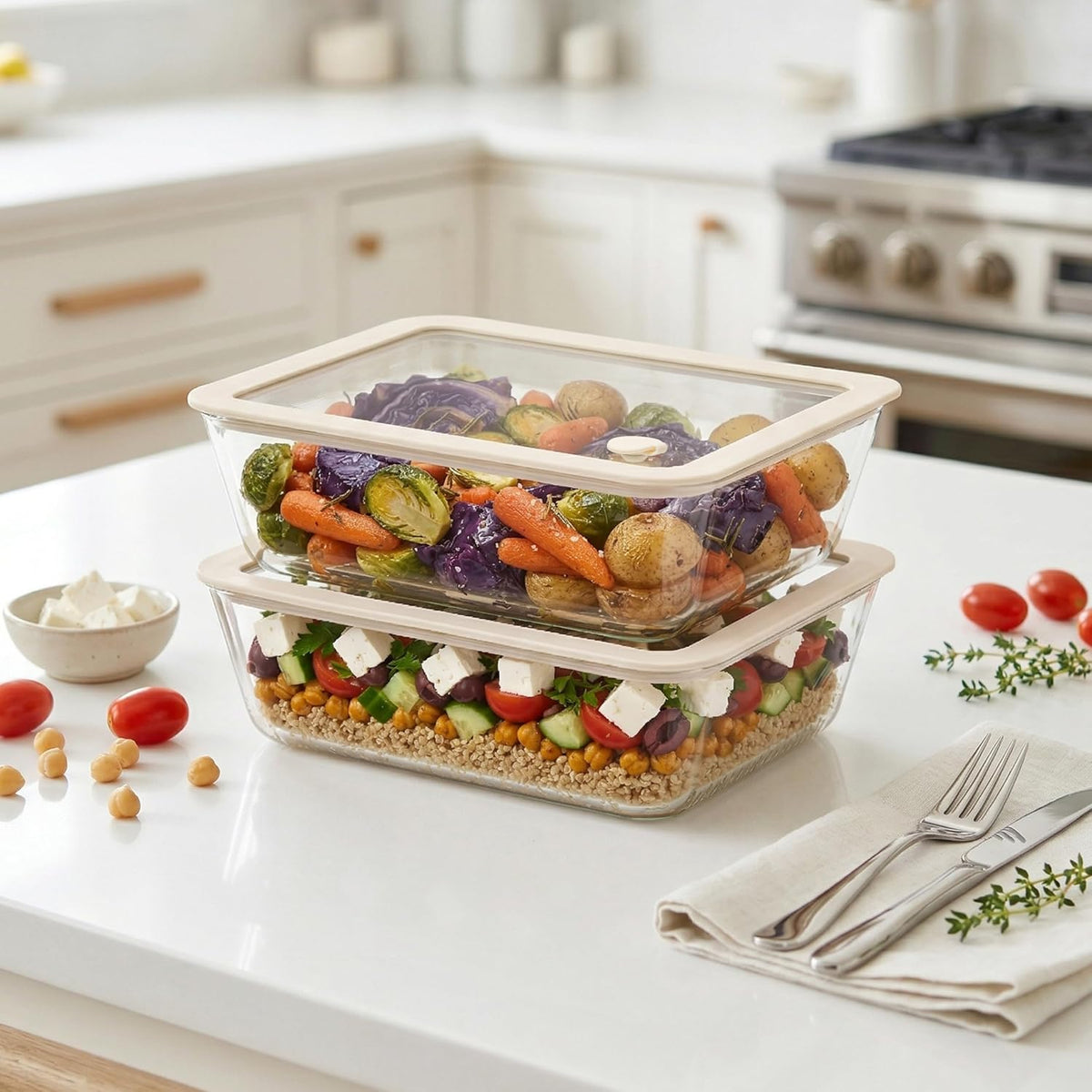 Urban Green Glass Food Container Set with Glass Lid, Large Meal Prep Container Set, Airtight Food Storage Containers with Air Vent Lid, 2 Pack, Large, 87oz, LeakProof, 100% Plastic Free, White color,